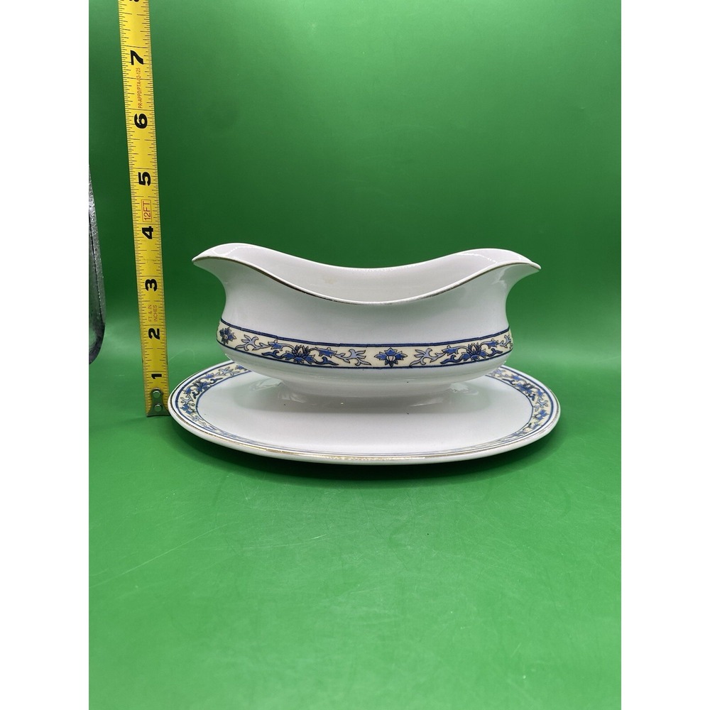 Vtg Alfred Meakin England Gravy Boat W/Underplate Blue Ivory Floral - Picture 7 of 14